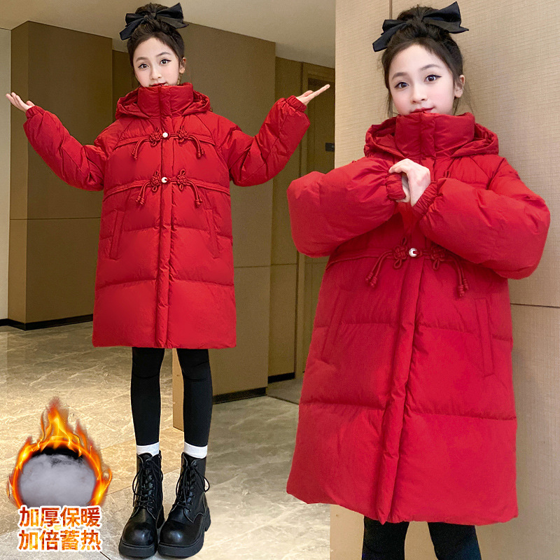 儿童加棉加厚外套冬季2025新款新中式棉袄女童大童中长款连帽棉服