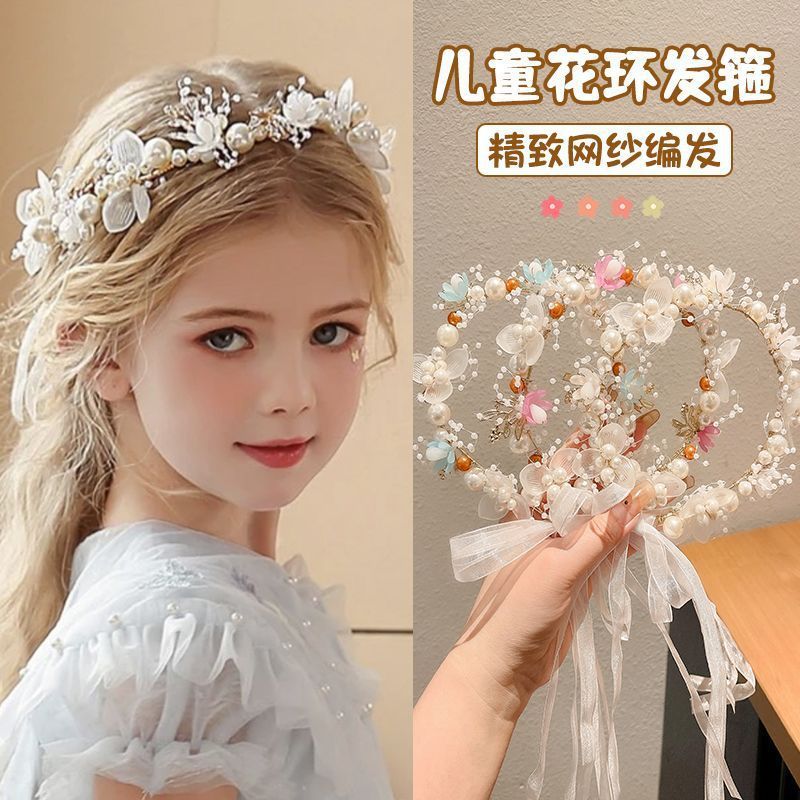 children‘s garland princess hair accessories super fairy girl flower pearl ribbon headdress sweet flower girl snowflake net red hairband
