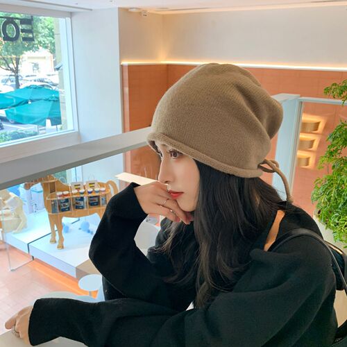 Korean style large head circumference drawstring knitted pile hat for women curled pullover cold hat showing face small Baotou confinement hat