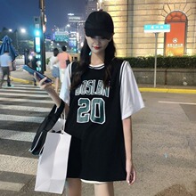 篮球服中长款假两件短袖t恤女夏季韩版宽松慵懒风休闲运动bf上衣