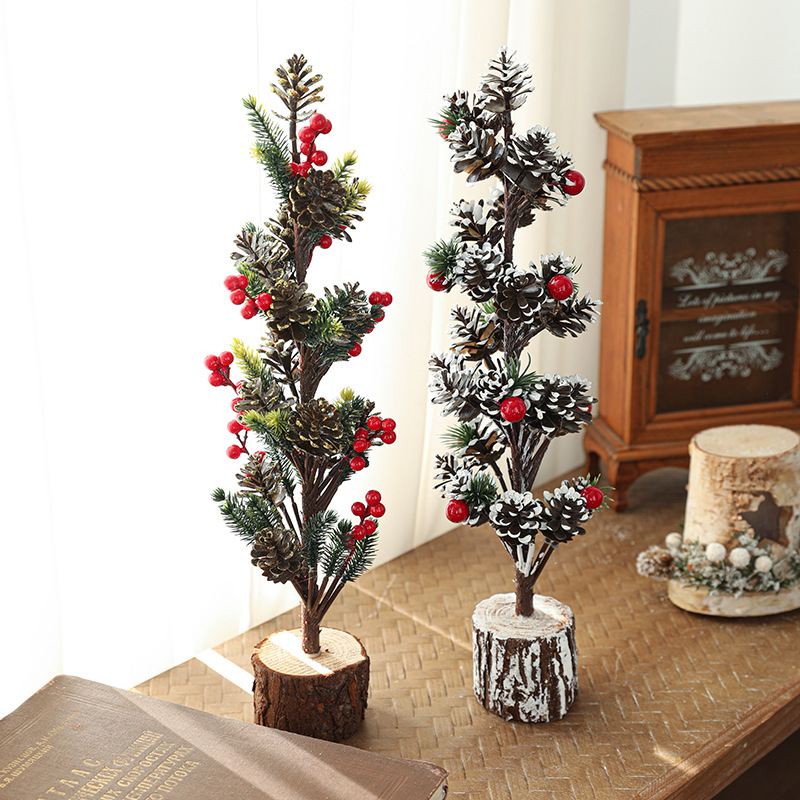 40CM imitación de plástico árbol de Navidad verde con nieve pequeña decoración de escritorio piña de madera decoración de maceta