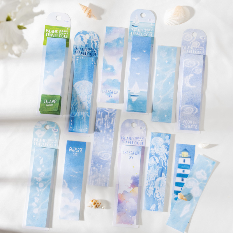 番茄酱少女长条手绘便签 海岛游记系列 蓝海主题手账素材留言便签