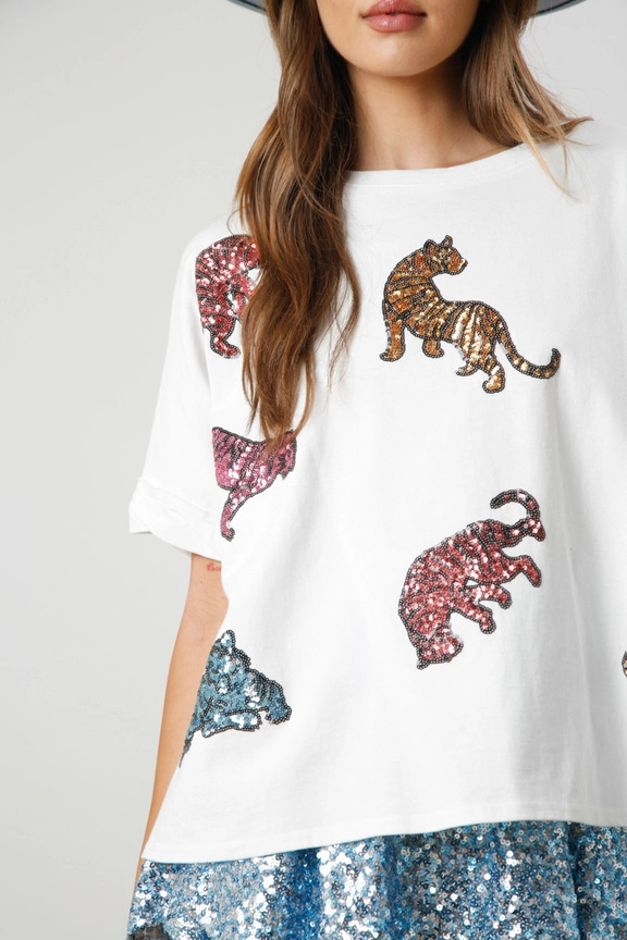 Frau T-Shirt Kurzarm T-Shirts Pailletten Einfacher Stil Tiger display picture 7