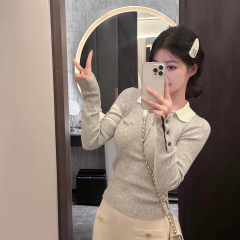 tb小狗polo领坑条针织衫女上衣四条杠薄款修身显瘦半拉链毛衣