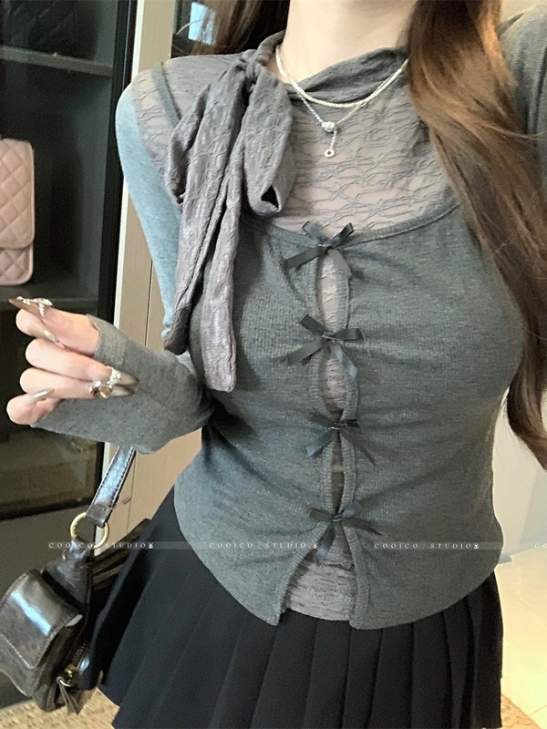 韩系时尚套装气质绑带长袖T恤女秋季修身显瘦百搭吊带背心两件套|undefined