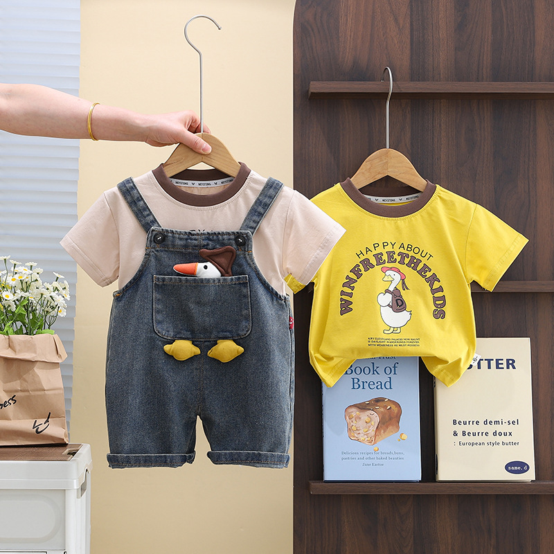 Children's Summer Duck Denim Pants suit 2025 New Men's Summer Thin Short-sleeved Two-piece Fashionable Set