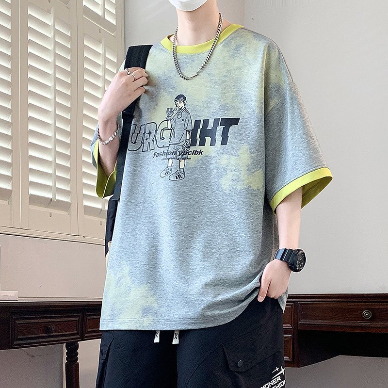 Teenage Cartoon Character Printed Short-Sleeved T-Shirt, Fashionable Patchwork Fake Two-Piece Sports Pullover, 13-16 Years Old Top