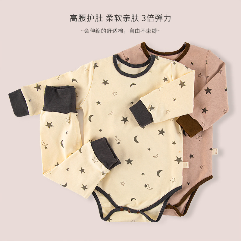 Bebé primavera y otoño ropa de manga larga traje de algodón ropa de bebé niños cintura alta protección del vientre pijamas mameluco del hogar