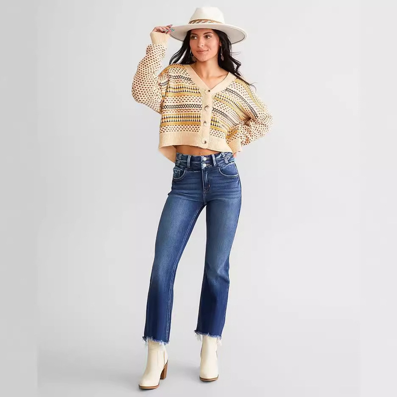 European and American Cross-Border Women's Jeans with Slight Flare, Slim-Fit for Petite Figures, Stretchy, Vintage Hong Kong Style, Cropped High-Waisted Version