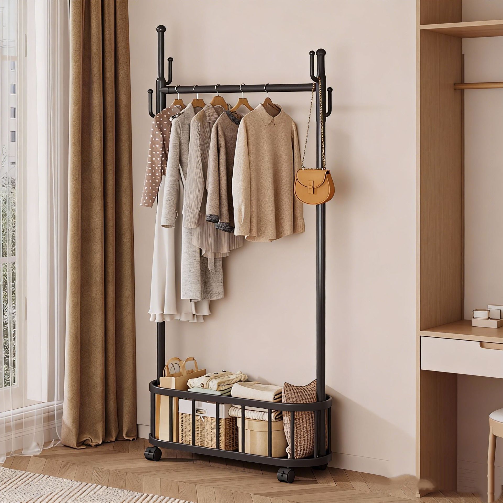 Mobile Coat Rack with Large Capacity for Bags and Clothes Storage, Space-Saving Hanger for Dormitories and Small Rental Apartments