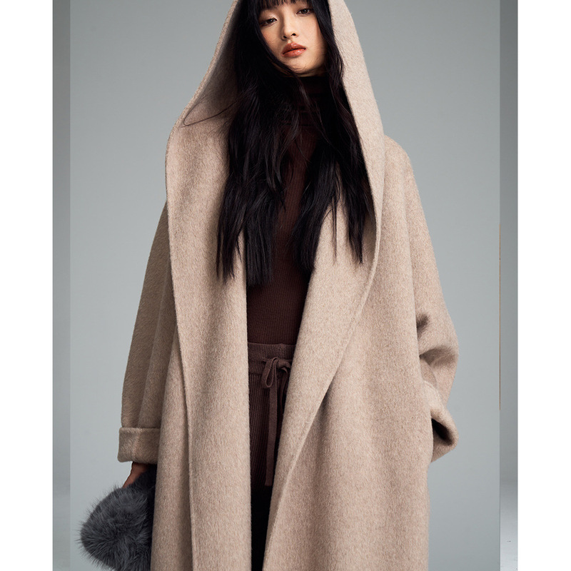 [Shengdu] Winter new silk wool cashmere hooded bathrobe long lazy woolen double-sided woolen coat coat