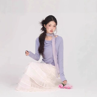 春秋新款高级感法式气质紫色飘带荡领针织打底上衣褶皱感长袖T恤