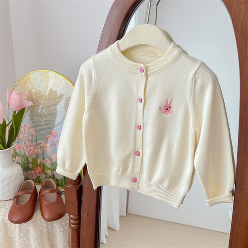 Ningli New Spring and Autumn Korean Style Fresh and Cute Style Girls Cardigan Jacket Stretch Skin Friendly Girls Knitted Sweater Long Sleeve