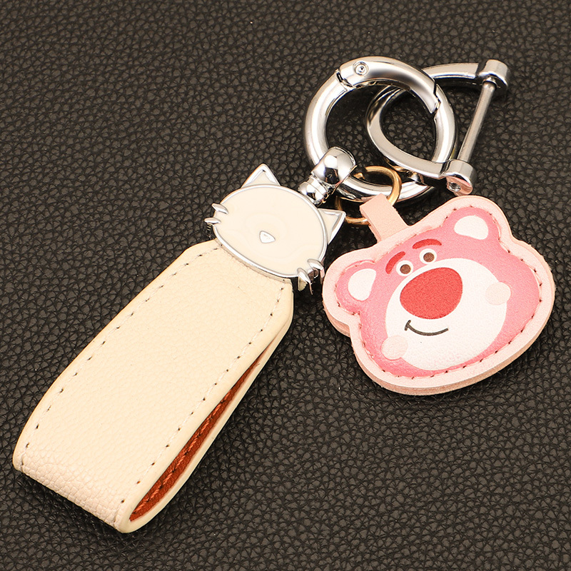 Macaron color gato cuerda de mano llavero de coche colgante de oso de fresa colgante de llavero de oso de cuero de alta calidad colgante de llavero de oso Pooh