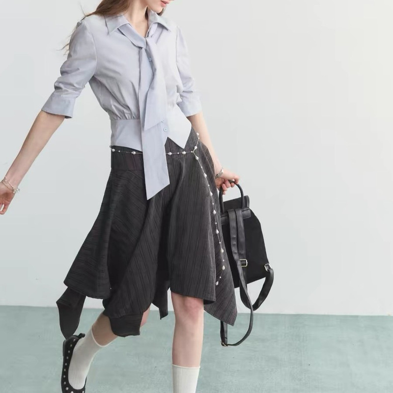 Spear Youth "Classic Reissue" Tencel Linen Waist-Cinching Top Commuter Tie-Neck Short Sleeve T-Shirt Shirt