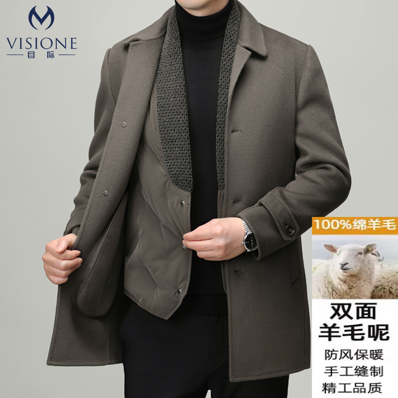 男式羽绒内胆羊毛大衣秋冬双面呢外套中年商务夹克羊毛呢山羊绒男