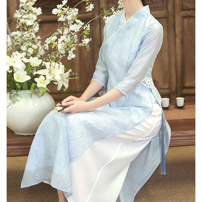 New Chinese Style Modern Art Retro Chinese Style Improved Vertical Collar Seven-point Sleeve Blue Fake Two-piece Elegant dress New Chinese Style Modern Art Retro Chinese Style Improved Vertical Collar Seven-point Sleeve Blue Fake Two-piece Elegant dress