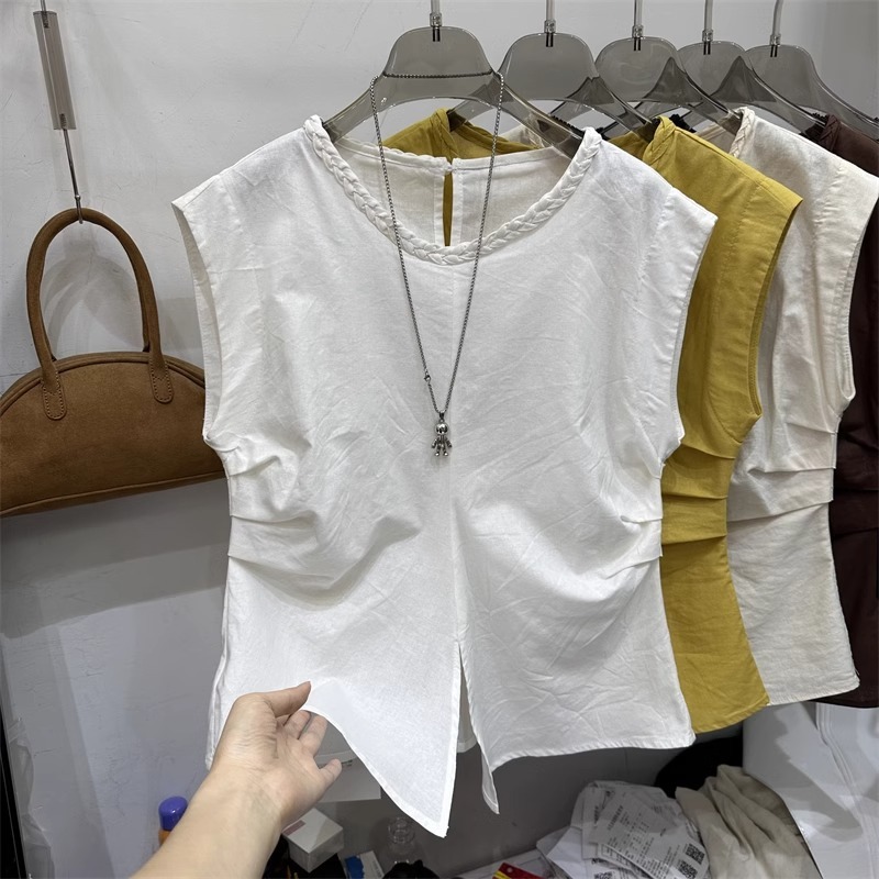 フレンチシャツトップス女性の夏の新しい大きいサイズファットmmウエストプリーツシャツコットンリネンリネンシフォンシャツノースリーブ|undefined