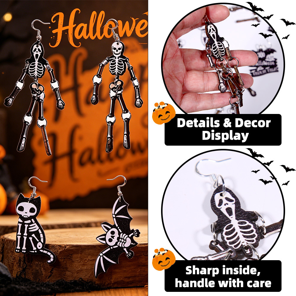 Decoración de Halloween pendientes esqueleto hueso blanco murciélago negro gato pendientes de madera fantasma día maquillaje colgante pendientes