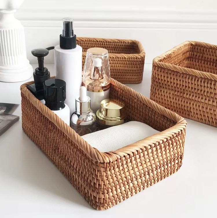 跨境藤编收纳筐整理筐玩具小物品桌面收纳盒零食杂物水果收纳篮
