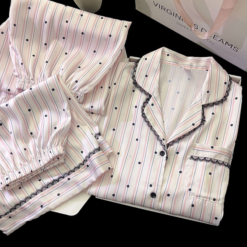 Ice Silk Three-Piece Short-Sleeved Pajamas for Women, Summer Striped Polka Dot High-End Shorts, Home Wear Set Ice Silk Three-Piece Short-Sleeved Pajamas for Women, Summer Striped Polka Dot High-End Shorts, Home Wear Set