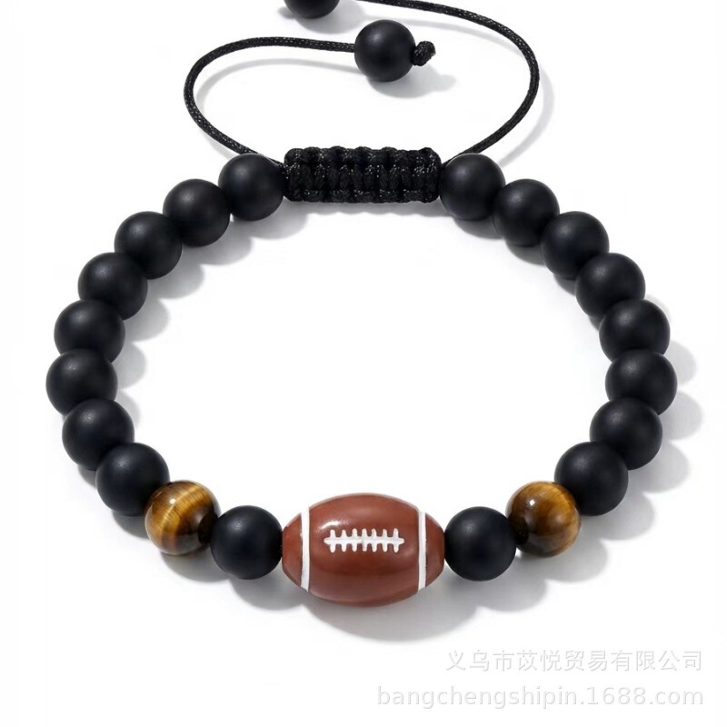 Cross-Border New Style Rugby Beaded Bracelet Black Matte Coach Football Tennis Basketball Sports Wholesale Artistic Retro