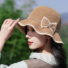 2024夏季新款水钻蝴蝶结大檐荷叶边透气户外遮阳防晒显脸小防晒盆