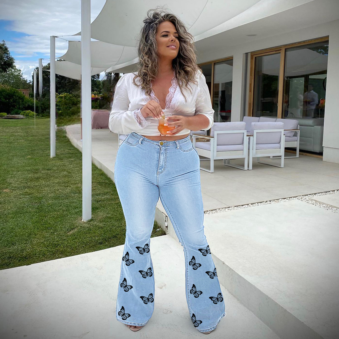 plus size high waist butterfly print flared jeans NSWL135062