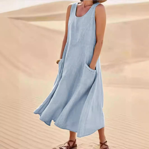 Summer cotton dress sleevless with a round collar