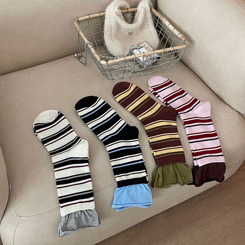 Vintage Pickles Green Wide Rakou Foreign Style Contrast Color Striped Stitching Mid-length Socks Women's Striped Stacked Socks Pink Cotton Socks Vintage Pickles Green Wide Rakou Foreign Style Contrast Color Striped Stitching Mid-length Socks Women's Striped Stacked Socks Pink Cotton Socks