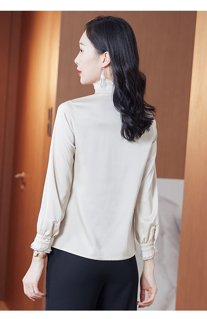 Satin chiffon stand-up collar, black ear-trimmed shirt for women, long-sleeved 2022 new Spring and autumn style, lace pic 20