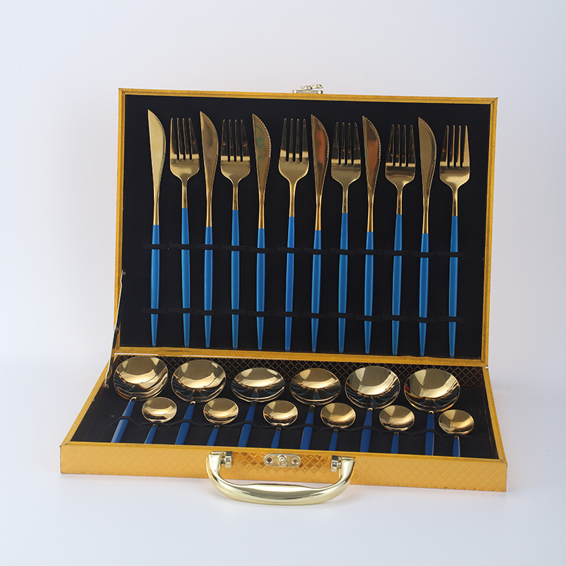 Amazon popular vajilla de acero inoxidable 24 unidades traje Portugal cuatro piezas principales comida occidental cuchillo, tenedor y cuchara caja de regalo traje