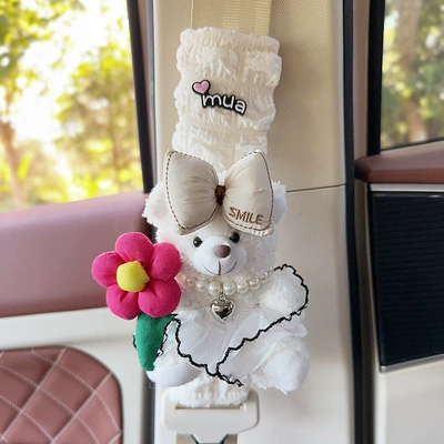 Seat belt shoulder pad Interior Decoration Women - white-bear-sunflower-white-wedding-dress-one-puff-check-shoulder-cover