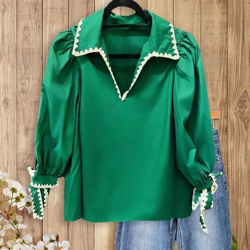 Shirts for Women Early Autumn 2025 New Loose Contrasting Color Chic Lace Splicing Shirt Trendy
