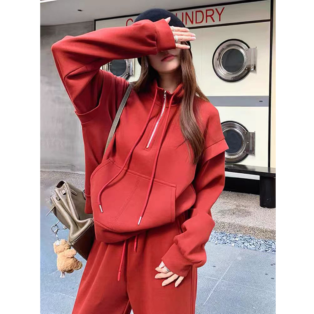 ng2510292 Pure Cotton Red Salt Sweet Style Age-Reducing Slimming Sweatshirt Sports For Women Spring And Autumn Casual Long Pants_ecoleips.com