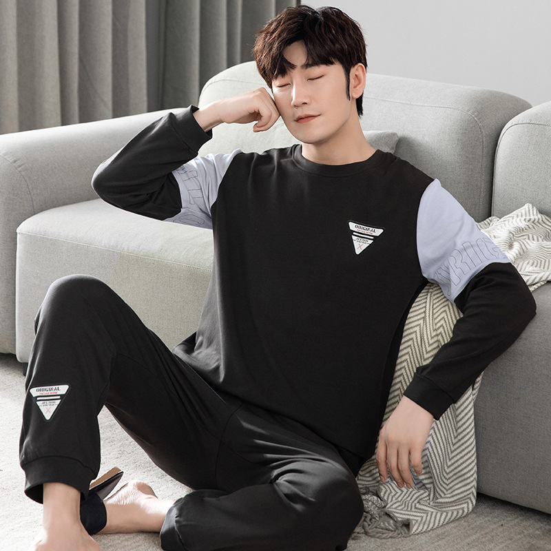 Nuevo traje de ropa para el hogar de algodón puro para hombres pijamas pantalones de algodón de manga larga para hombres delgados de primavera y otoño se pueden usar fuera suéter de cuello redondo