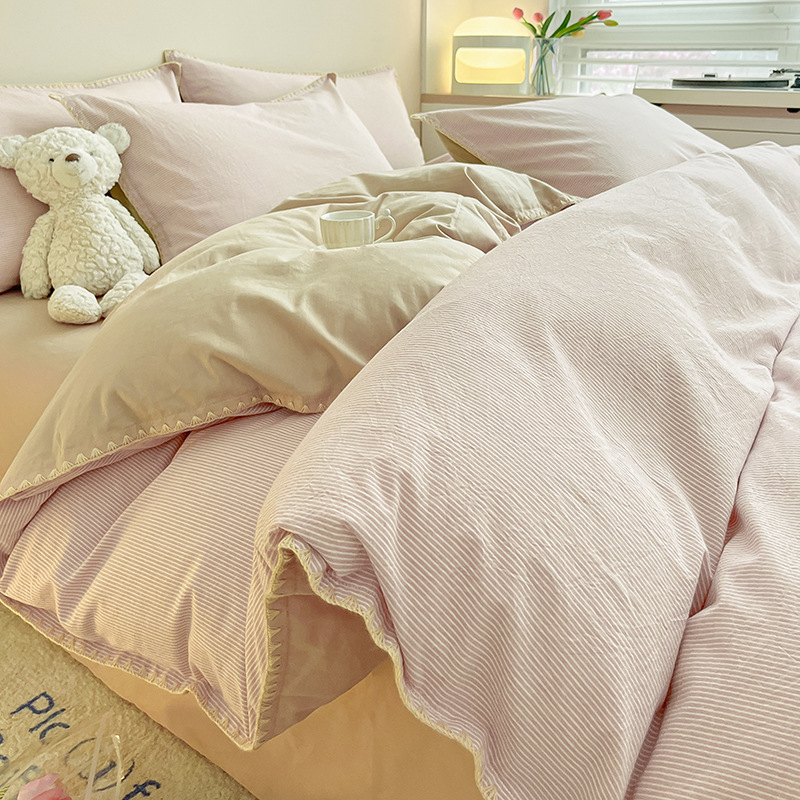 Nordic Striped Pure Cotton Bedding Set Four Piece Washed Bed Sheet_voghion.com