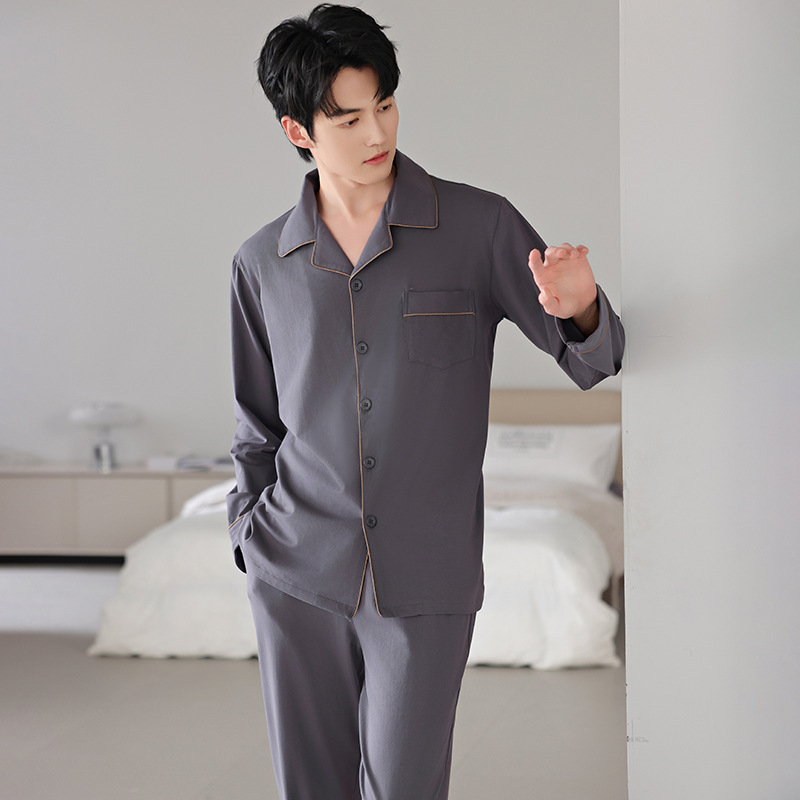 Men's Pajamas Spring and Autumn Pure Cotton Lapel Long-sleeved Trousers plus size Solid Color Casual Outwear Men's Dwelling Clothes suit