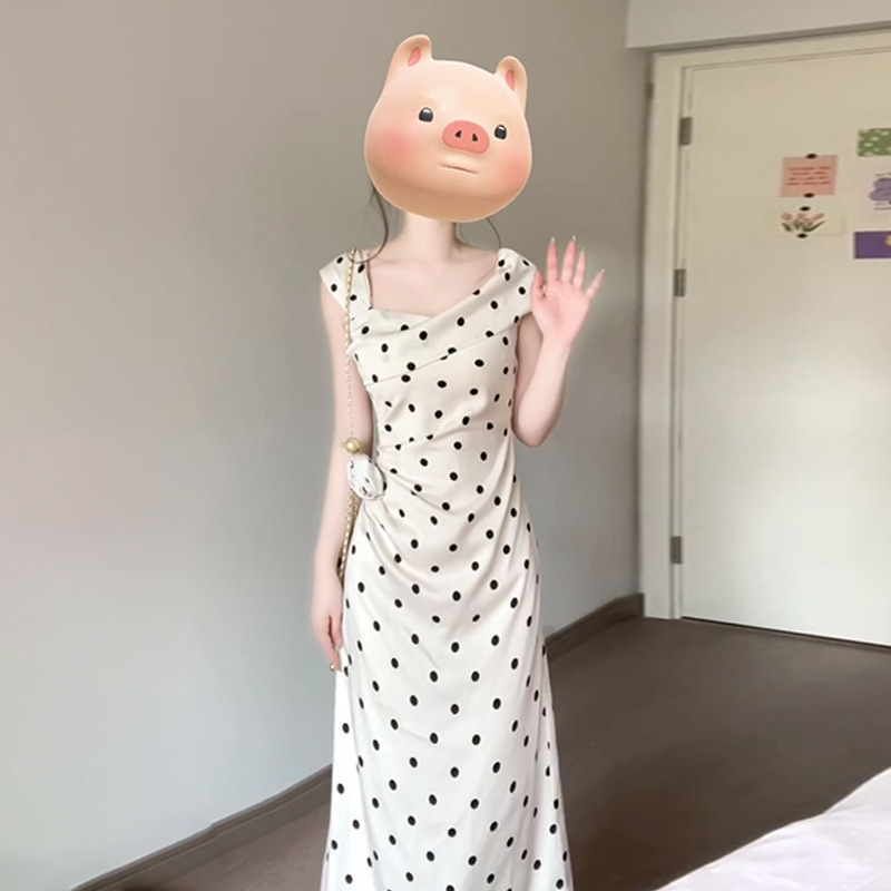 150 ショートフレンチポルカドットドレス女性の春夏スリムスリムサスペンダースカートウエスト A ラインミドル丈スカート|undefined