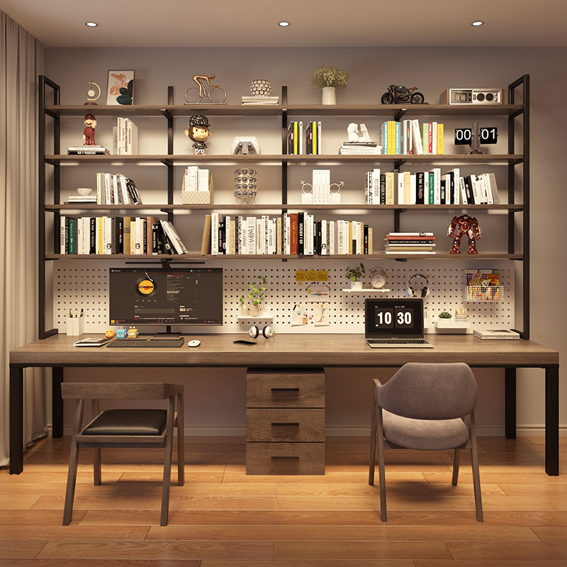Solid Wood Desk Bookshelf Integrated Bookcase Home Computer Desk Student Double Writing Desk Hole Board Gaming Table