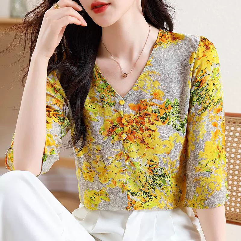 Yellow summer silk shirt, V-neckline