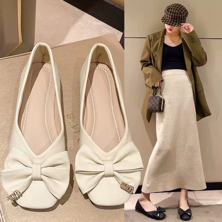 Однослойная обувь для женщин, осень 2024, новинка, корейский стиль, женские туфли с бантом, низким и низким каблуком, модная женская обувь оптом