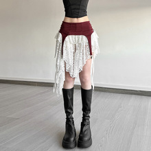 跨境欧美风2025夏季新款女装绑带蕾丝层叠裙摆不规则垂坠感半身裙