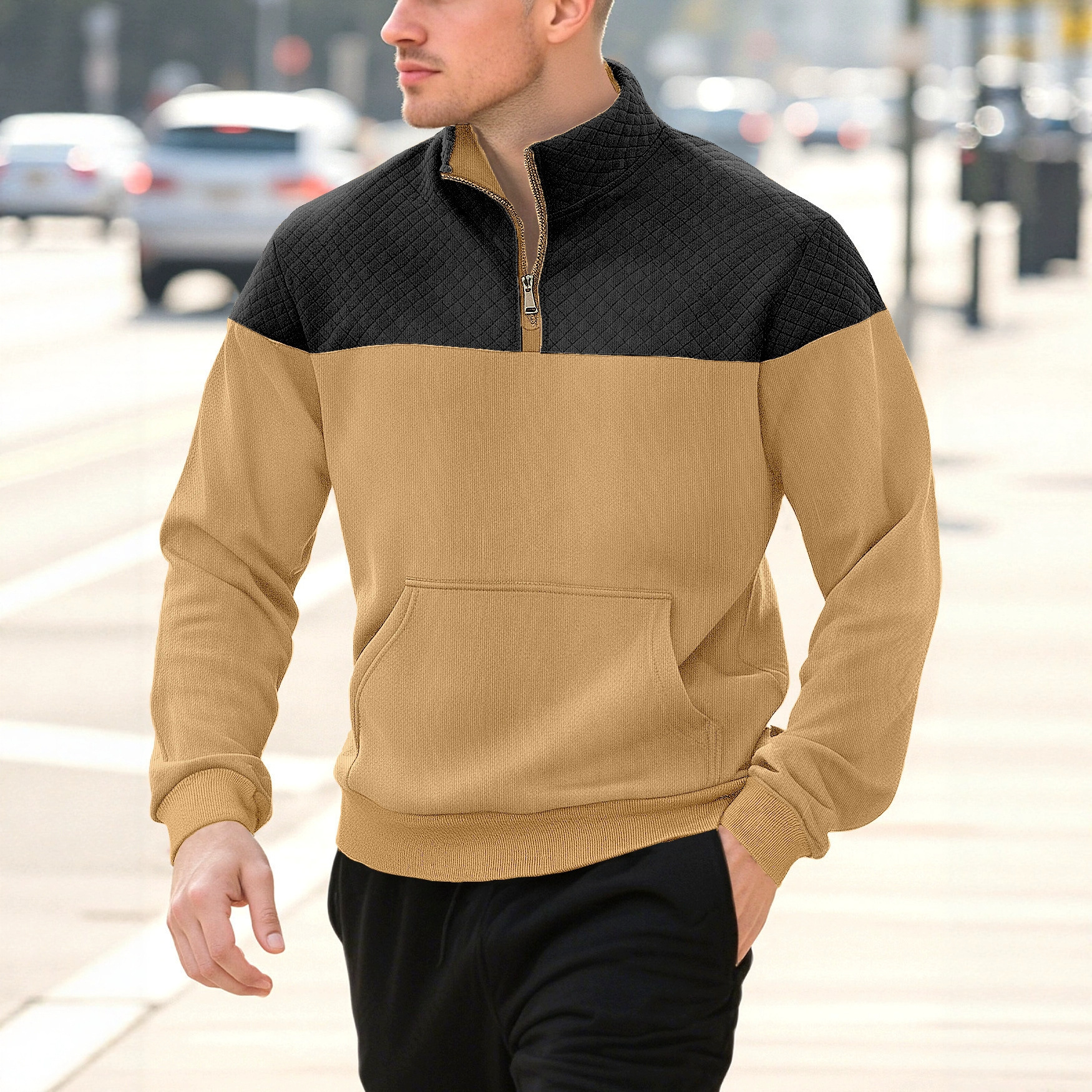 Monochrome Man- American Style Men's Waffle Casual Stand Collar Zipper Pullover Small Check Long Sleeve Sweatshirt TK_voghion.com