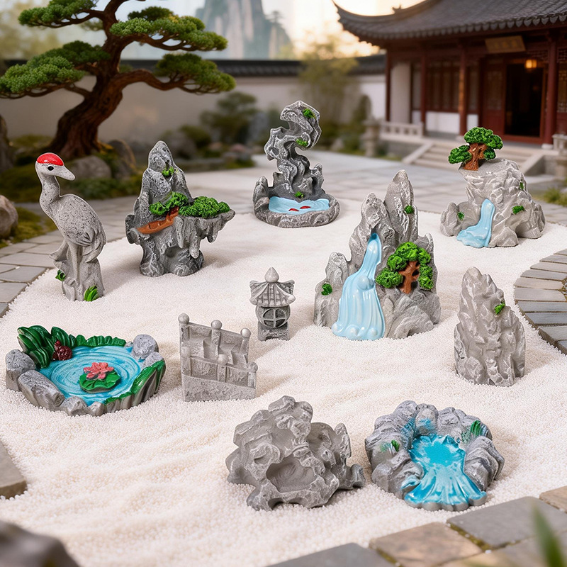 树脂微景观DIY配件套装中式禅意小摆件仙鹤假山瀑布池塘石桥亭子