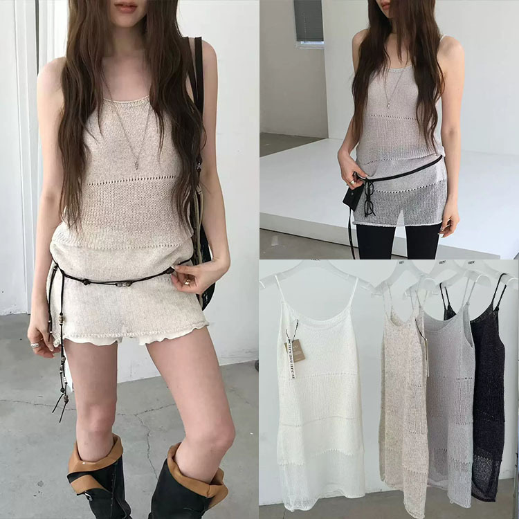 Fan Sun·Xh Korean-Style Hollow-Out Knit Camisole Dress Dongdaemun New Summer Model Gentle Versatile Slimming Dress for Women