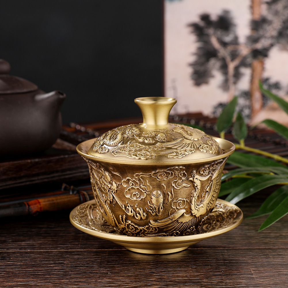 Factory wholesale brass creative tea set, dragon and phoenix auspicious tea bowl three-piece set, Chinese tea cup, water bowl, copper crafts.
