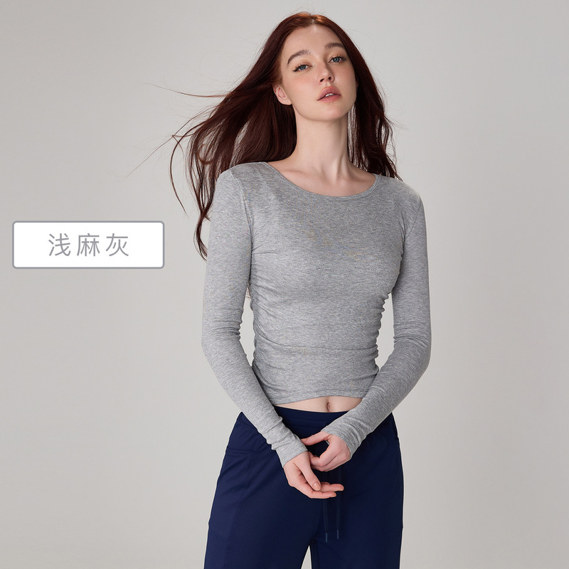 环盼罗纹圆领瑜伽服褶皱修身显瘦裸感运动上衣长袖跑步训练健身服|undefined