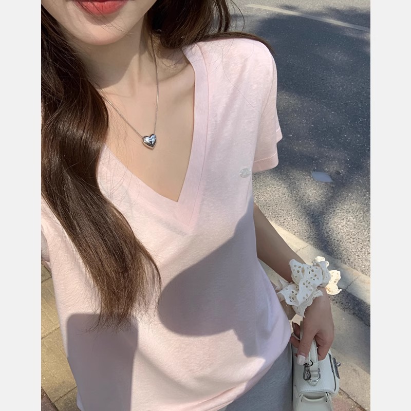 얇은 반팔 티셔츠 한국 스타일 릴렉스 브이넥 여름 루즈 퓨어 섹시 시크 핑크 탑 여성 의류