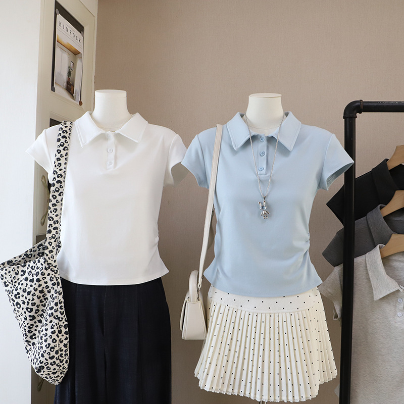 [2026 Spring/Summer New Korean Version Polo Collar Ruched Waist Slimming Casual Versatile Short Sleeve T-Shirt for Women 5945]